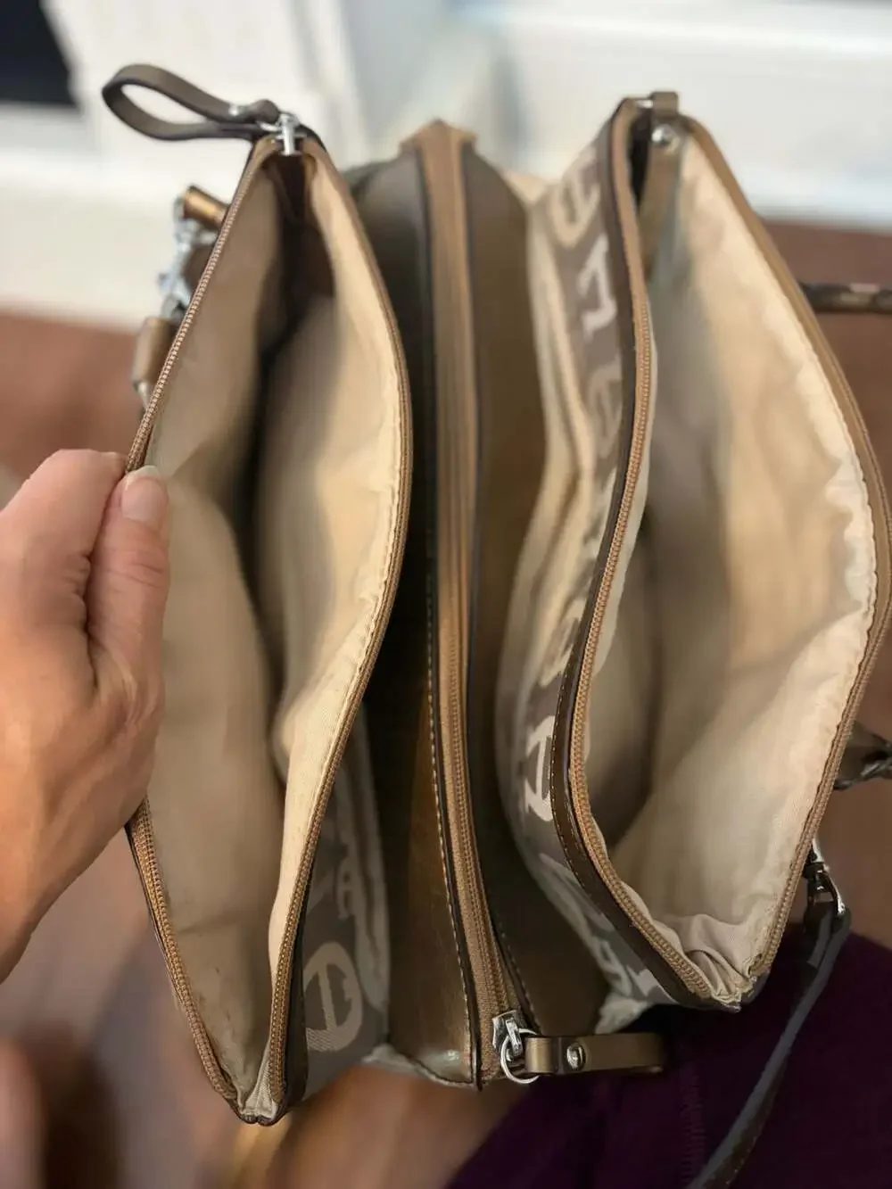 Etienne Aigner Logo Jacquard Leather Trim Satchel Handbag Bronze